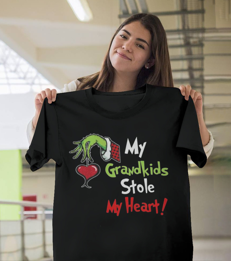 Grinch Green Monster Christmas My Grandkids Stole My Heart Kids Textured Sleeves T-Shirt