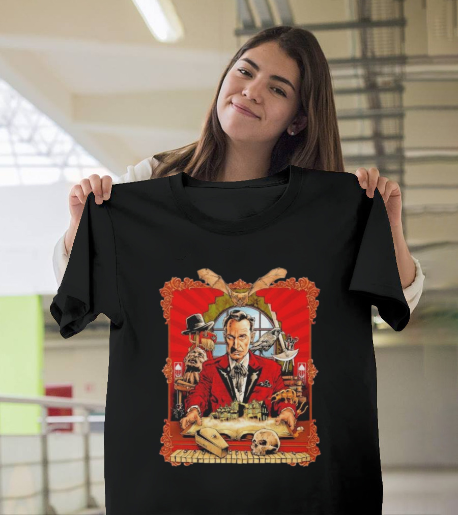 Vincent Price Red Suit Macabre Collection with Bats, Skulls, and Haunted Mansion T-Shirt
