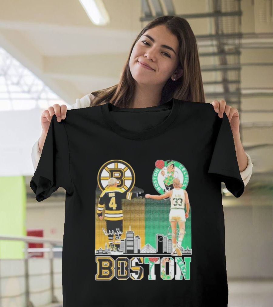 Bobby Orr Boston Bruins Larry Bird Boston Celtics Skyline Signatures Logos and Boston Text T-Shirt