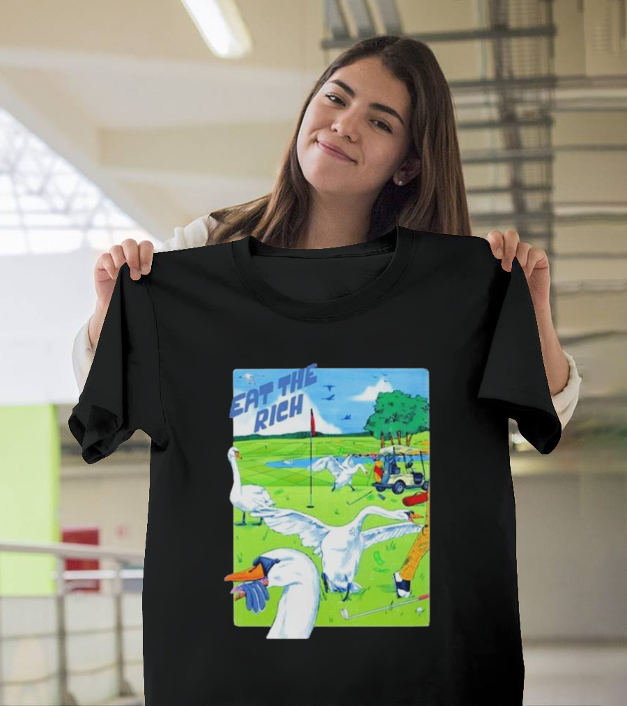 Eat The Rich Golf Swans in Vibrant Green Field T-Shirt