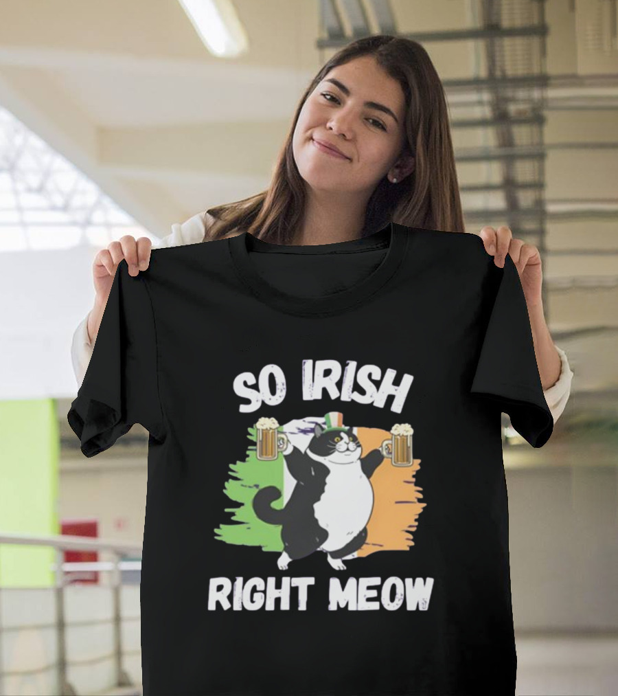 So Irish Right Meow Cat Holding Beer with Irish Flag in Background T-Shirt
