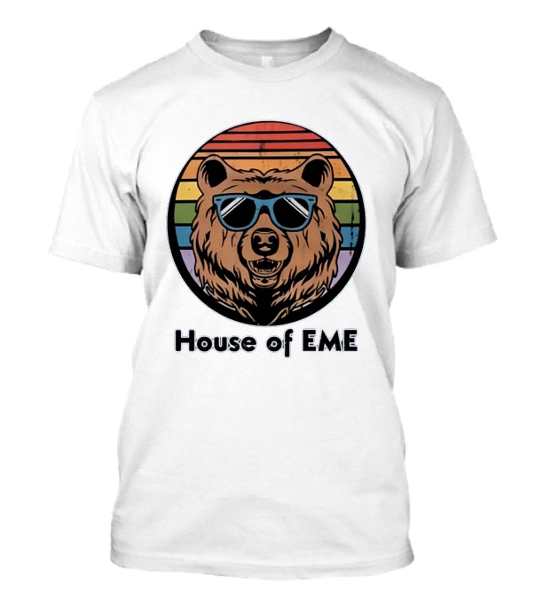 Migs Santillan House Of EME Bear Logo Sunglasses Rainbow Background T-Shirt