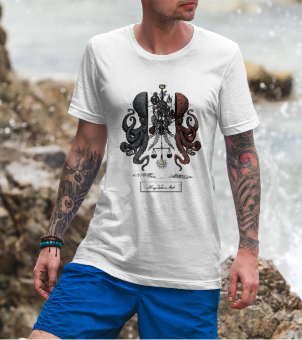 Hi My Name Is Mark Dissection Blue And Red Octopus Balance Scales T-Shirt