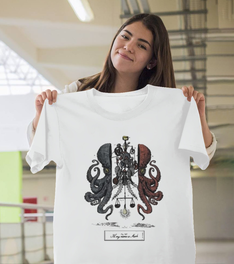 Hi My Name Is Mark Dissection Blue and Red Octopus Balance Scales T-Shirt