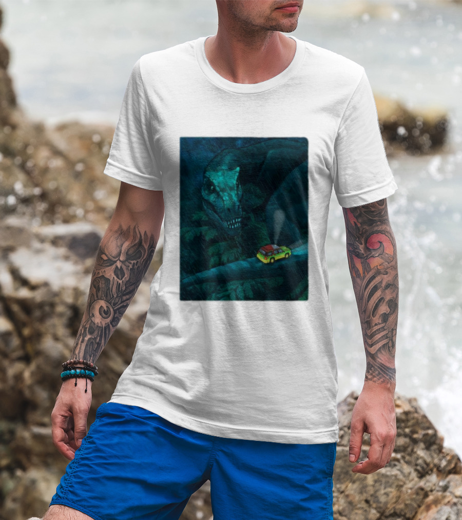 Jurassic Park T-Rex And SUV Night Scene Rainy Adventure T-Shirt