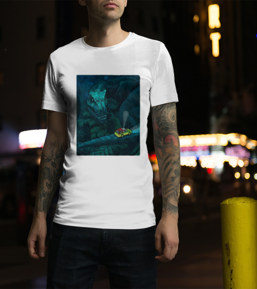 Jurassic Park T-Rex And SUV Night Scene Rainy Adventure T-Shirt