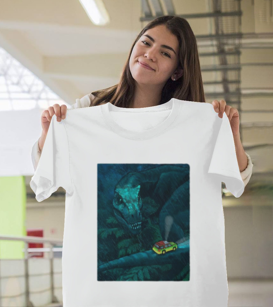 Jurassic Park T-Rex And SUV Night Scene Rainy Adventure T-Shirt