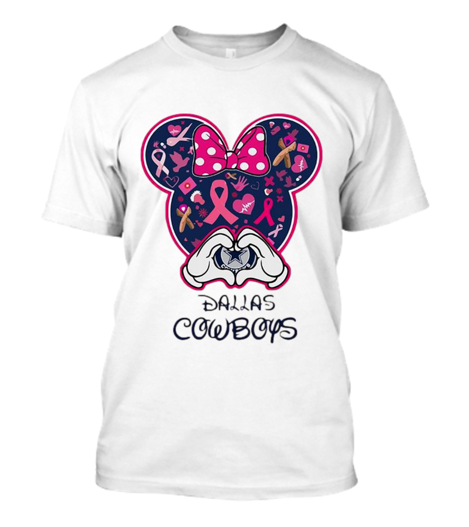 Minnie Mouse Pink Ribbon Heart Hands Dallas Cowboys Breast Cancer Awareness T-Shirt