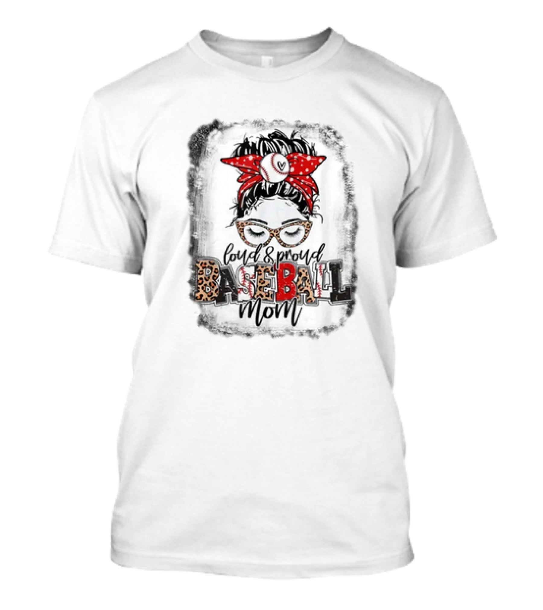 Loud Proud Baseball Mom Life Messy Bun Leopard Glasses Red Bandana T-Shirt