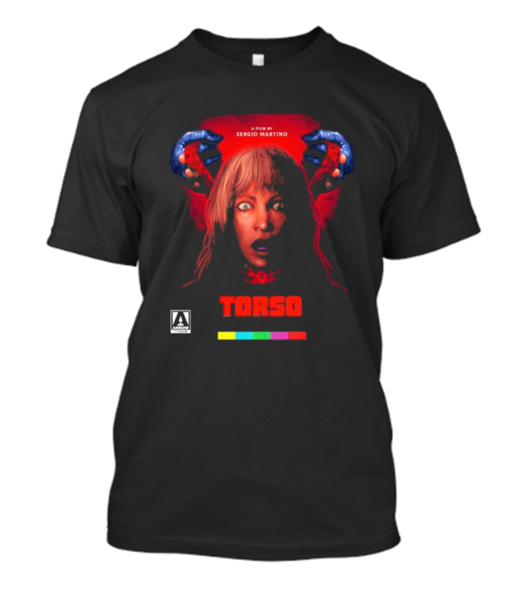 A Film By Sergio Martino Torso Horror Classic With Frightened Woman And Hands In Red And Blue T-Shirt