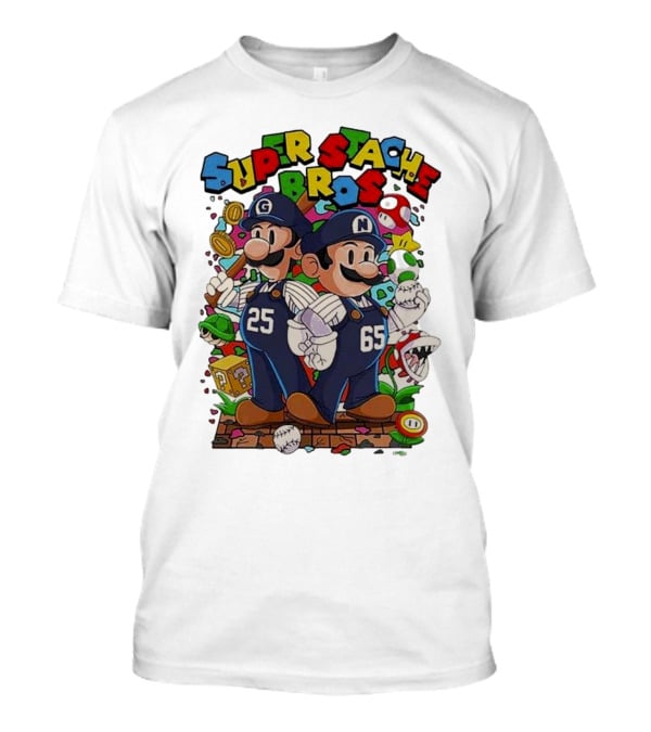 Super Stache Bros Numbers 25 And 65 Baseball Mario T-Shirt