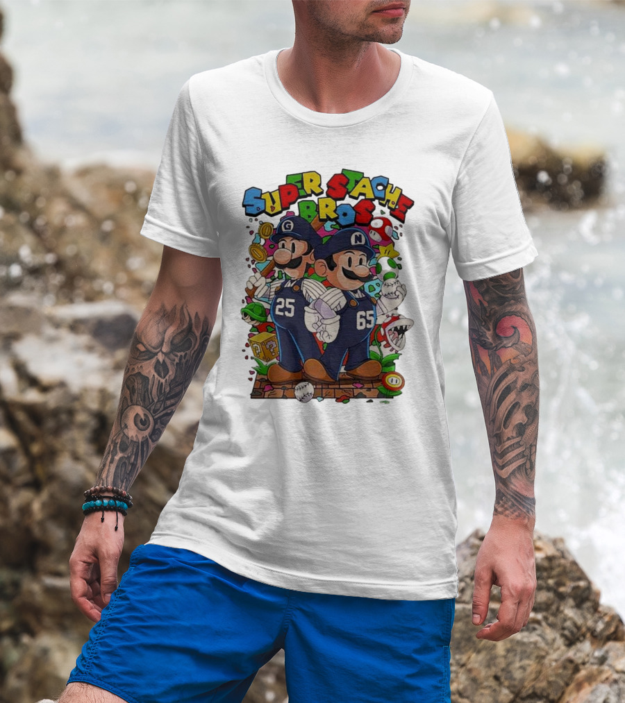 Super Stache Bros Numbers 25 And 65 Baseball Mario T-Shirt