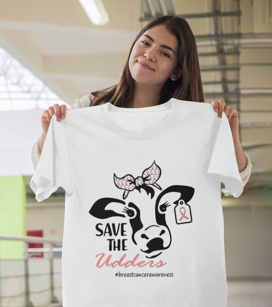 Cow Save The Udders Breast Cancer Awareness Ribbon Bow #breastcancerawareness T-Shirt