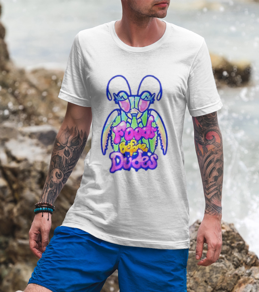 Mantis Neon Foods Before Dudes Colorful Insect Motif T-Shirt