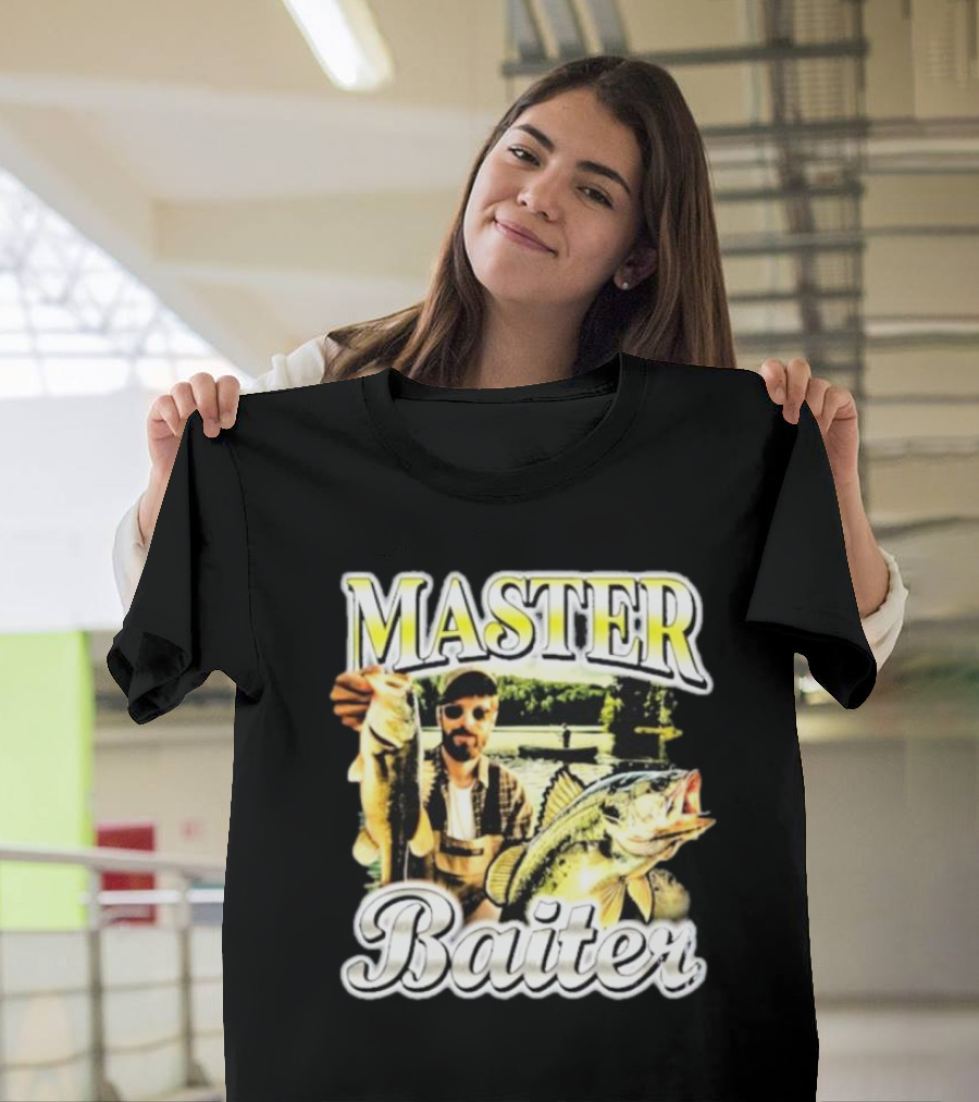 MASTER BAITER Fisherman Holding Fish in Lake Scene T-Shirt