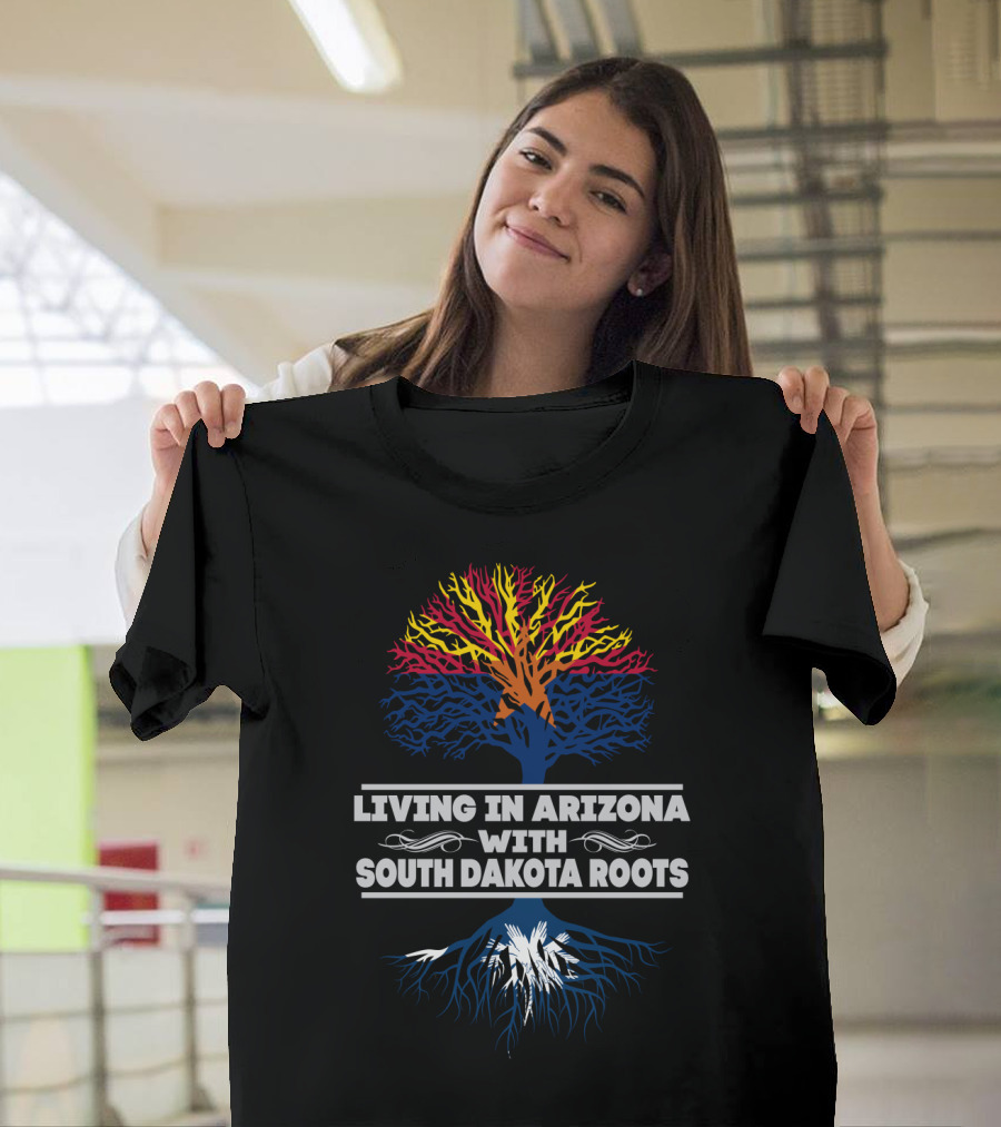 Living in Arizona with South Dakota Roots Tree Graphic Red Yellow Blue T-Shirt