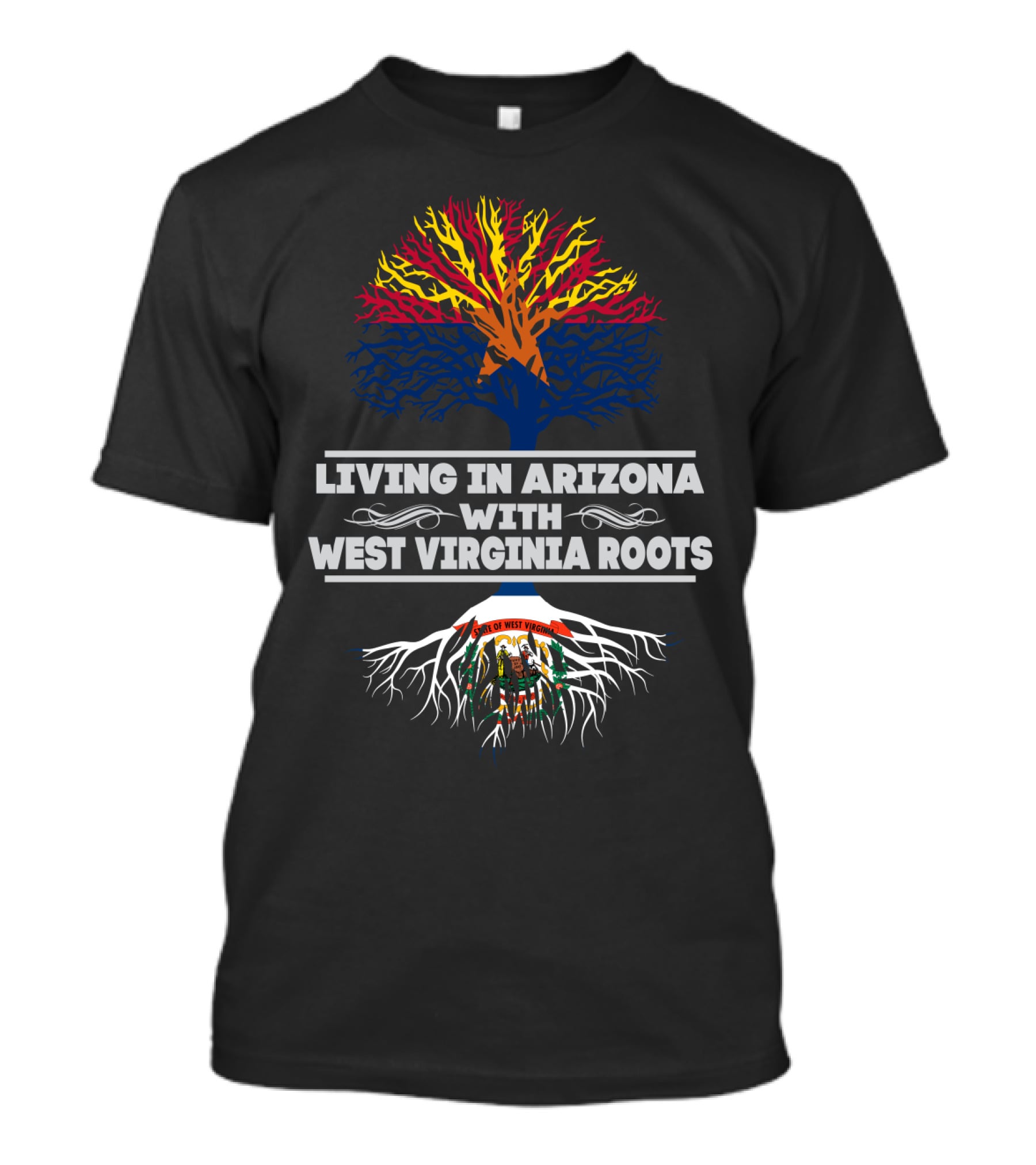 Living In Arizona With West Virginia Roots Symbolic Tree Featuring State Colors And Emblems T-Shirt
