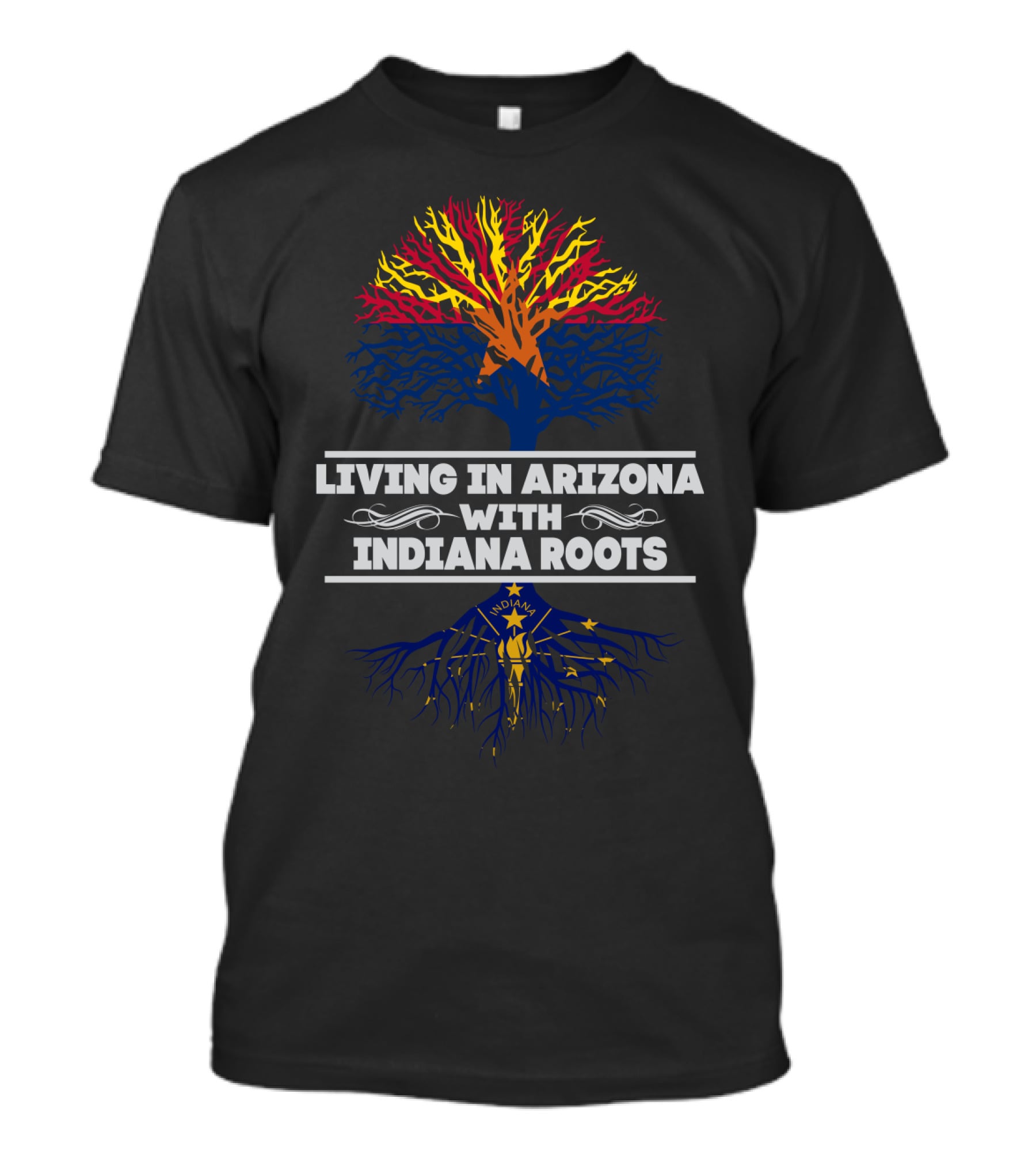 Living In Arizona With Indiana Roots Featuring Iconic State Flag Tree T-Shirt