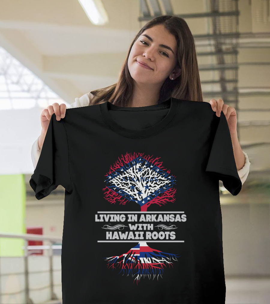 Living in Arkansas With Hawaii Roots Tree Graphic Featuring Arkansas and Hawaiian Flags T-Shirt