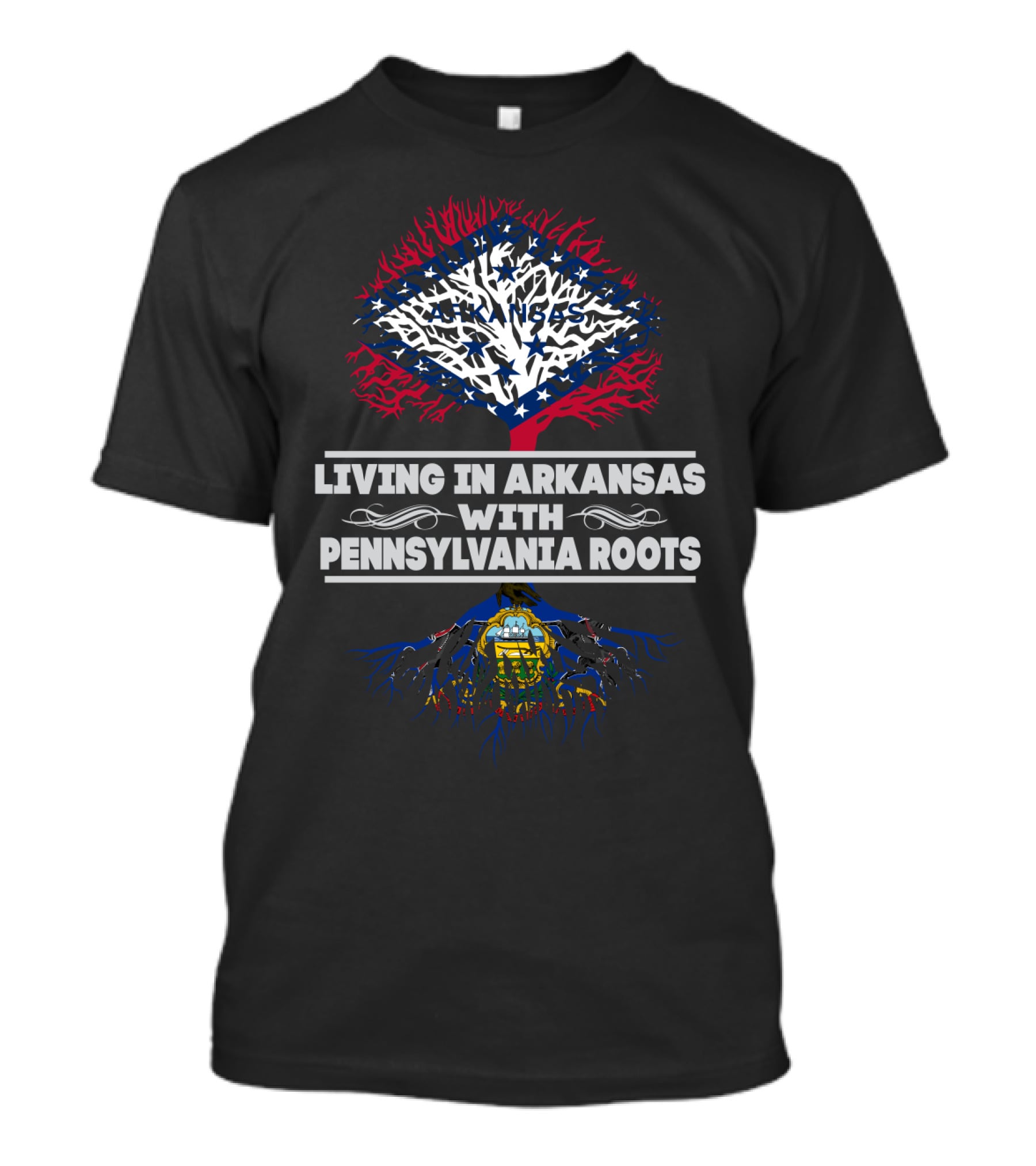 Living In Arkansas With Pennsylvania Roots Tree Design Featuring U.S. State Flags T-Shirt