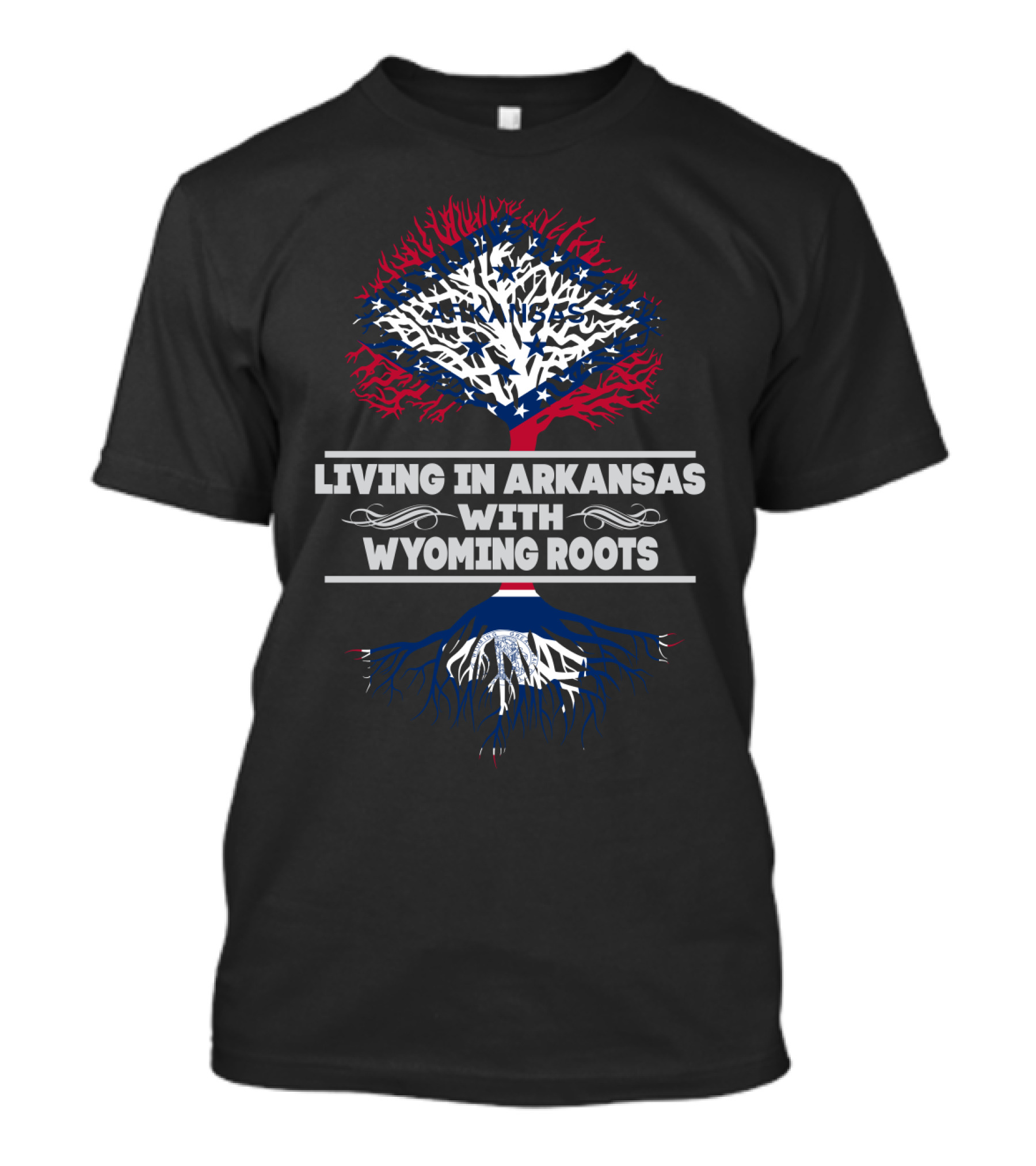 Living In Arkansas With Wyoming Roots Tree Design Featuring State Flag Colors T-Shirt