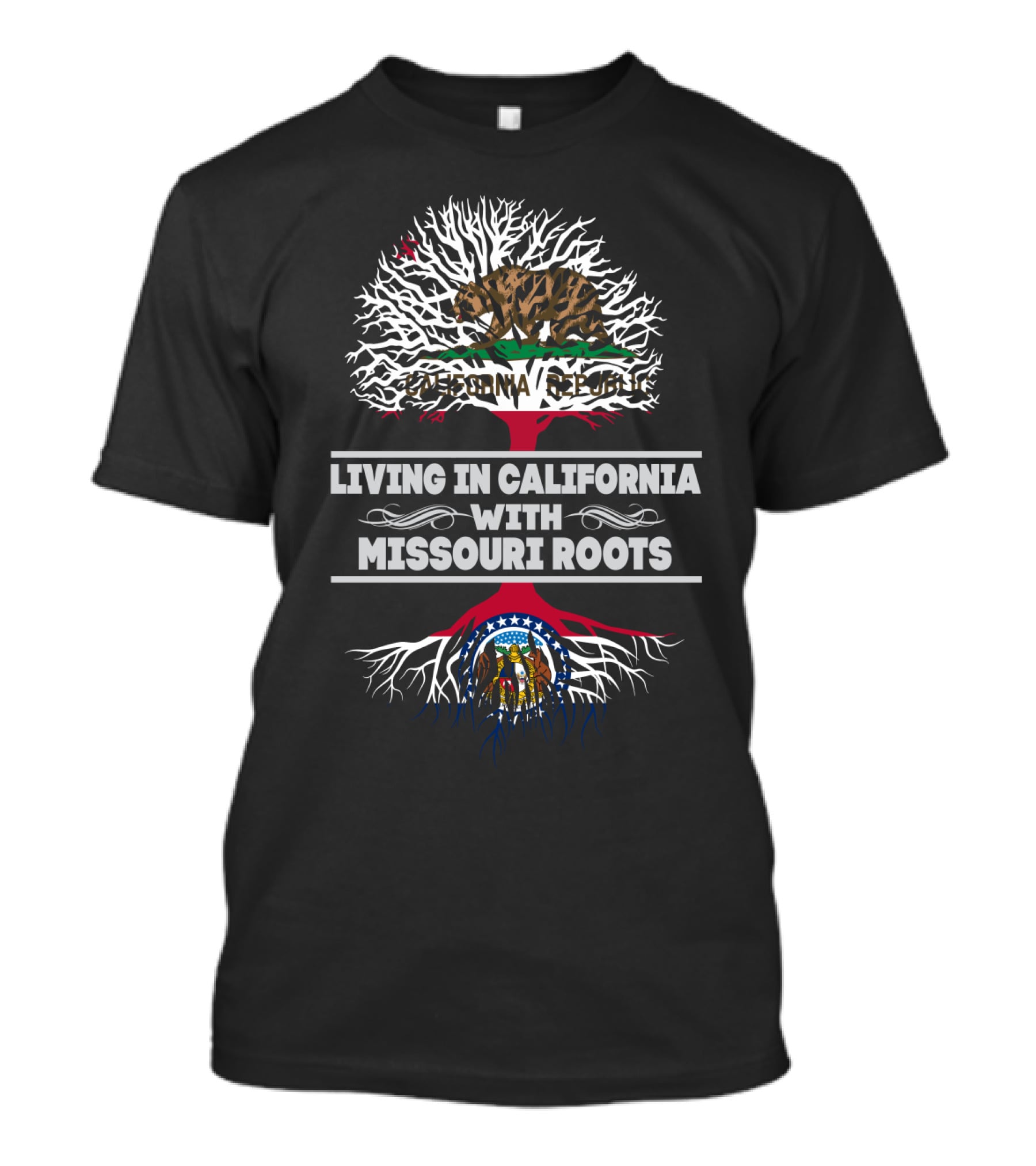 California Republic And Missouri State Flag Tree Roots Connection T-Shirt