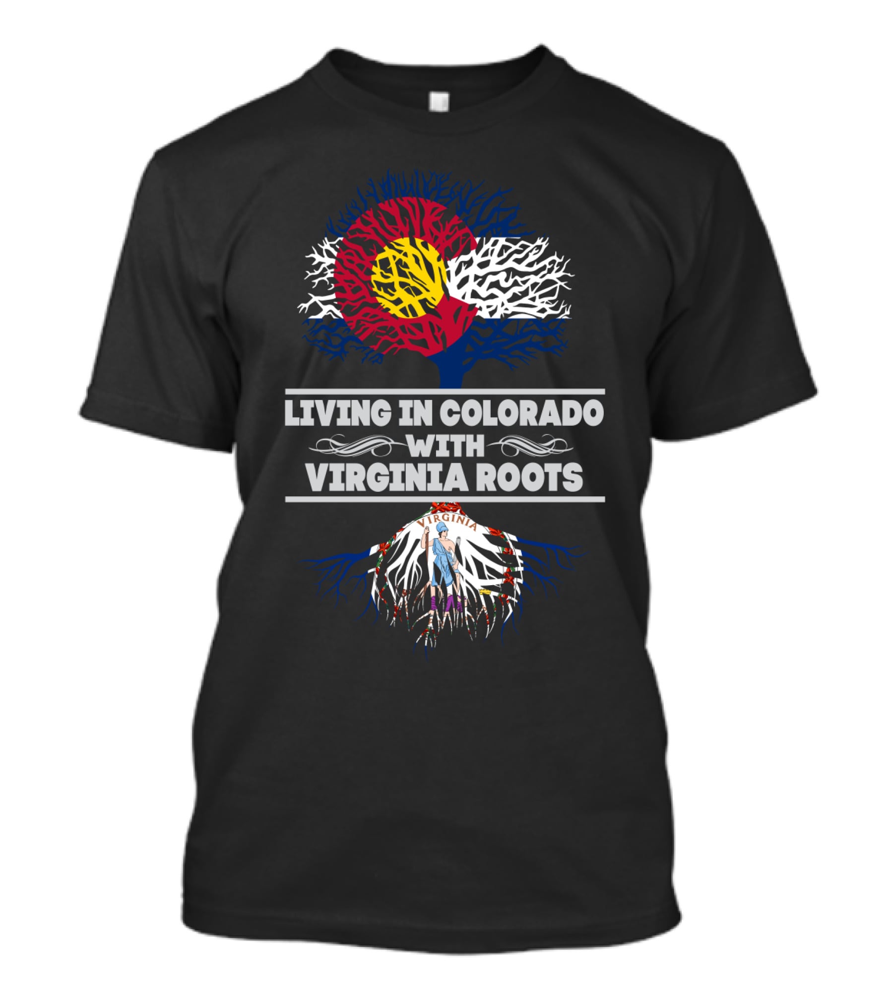 Living In Colorado With Virginia Roots Colorado Flag And Virginia Emblem Tree T-Shirt
