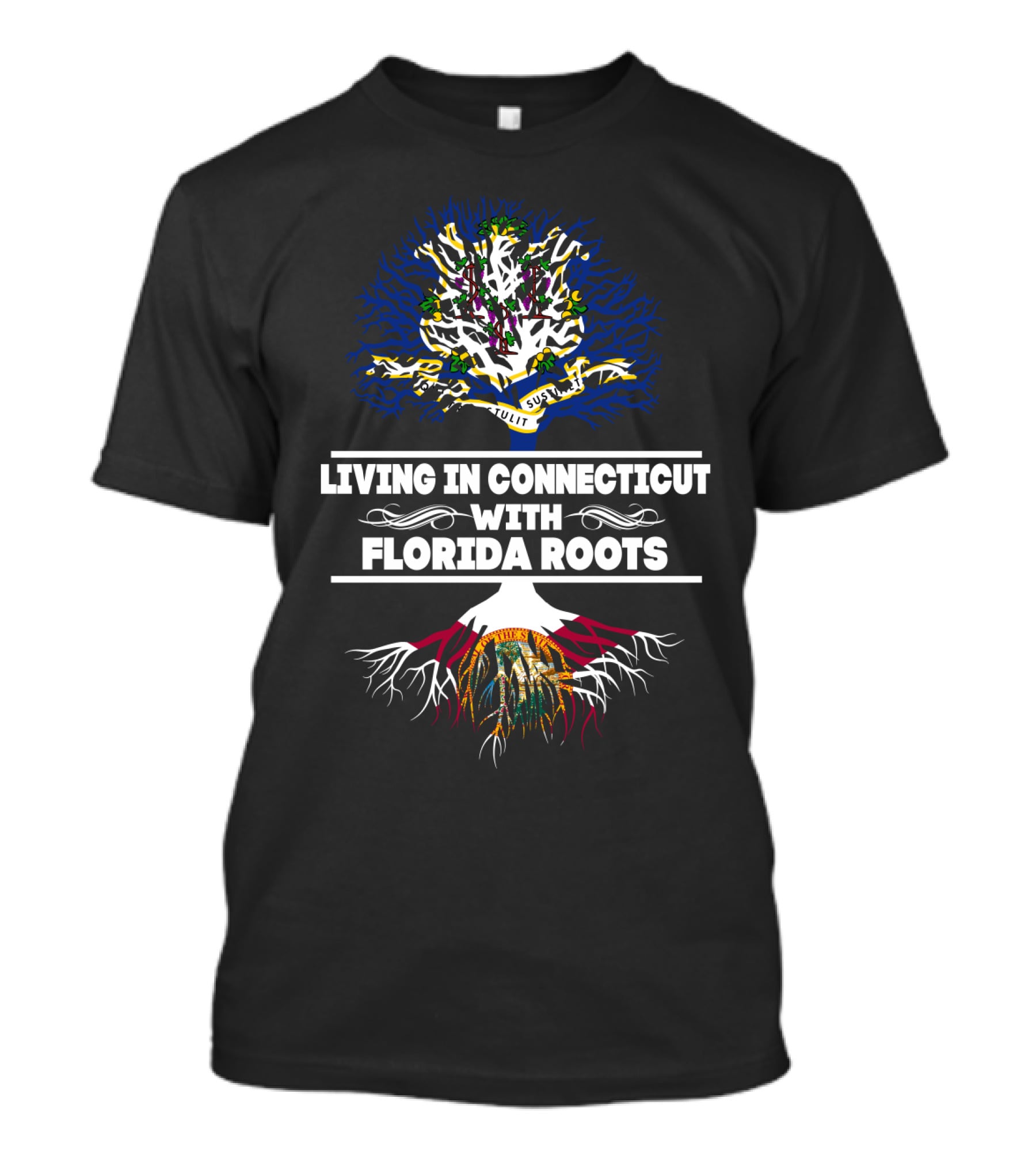 Connecticut Living Embraced By Florida Roots With State Symbols Tree T-Shirt