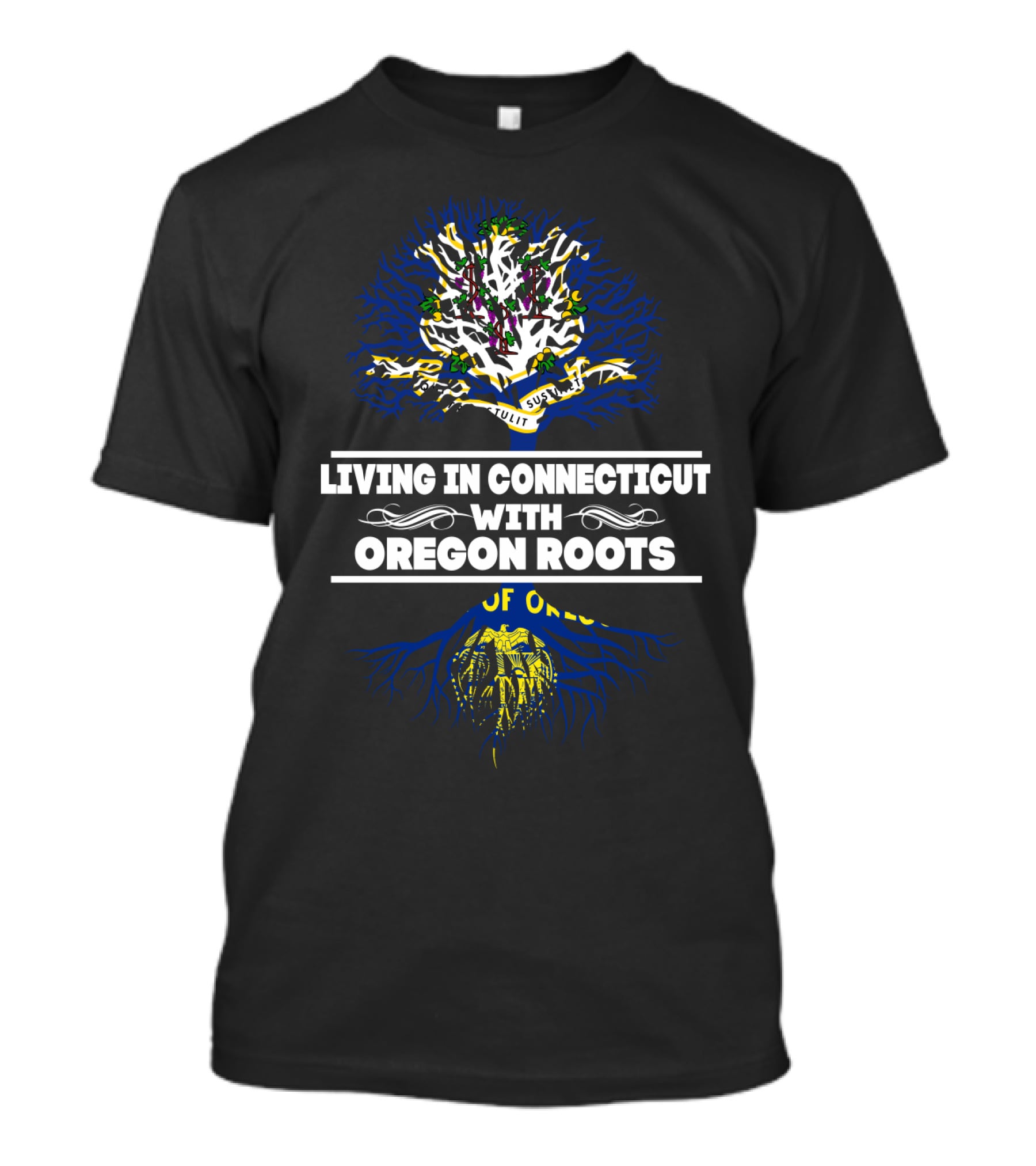 Living In Connecticut With Oregon Roots Tree Design Featuring State Flags T-Shirt