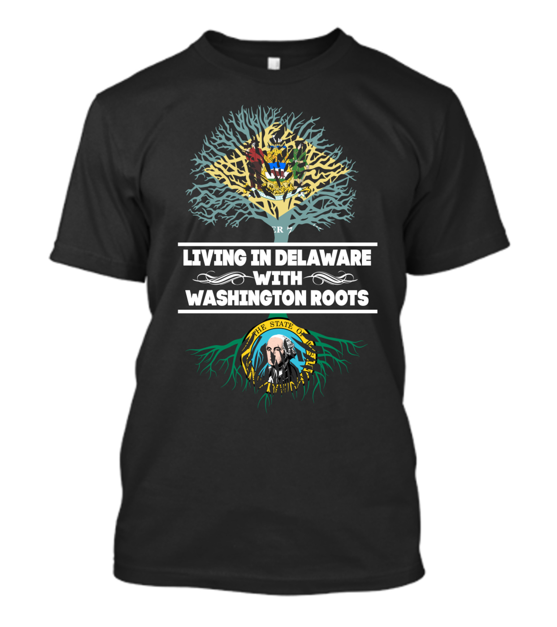 Living In Delaware With Washington Roots Tree Design Featuring Delaware And Washington State Seals T-Shirt