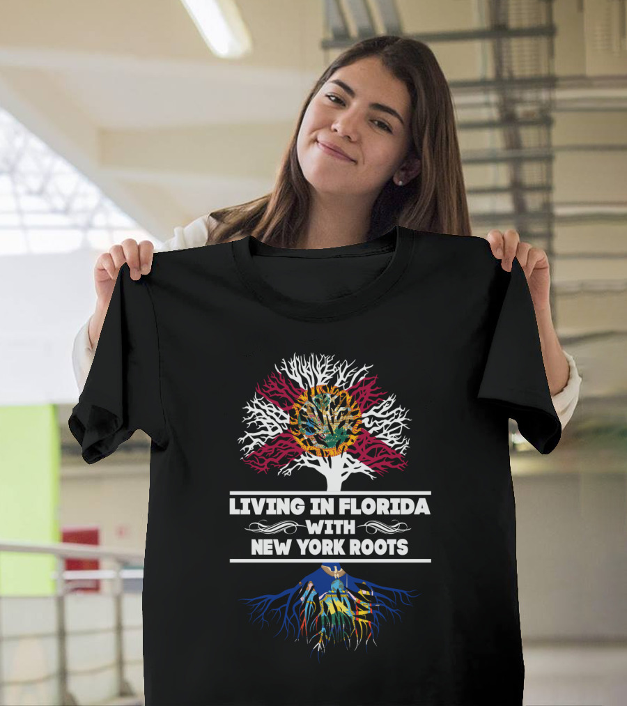 Florida Living with New York Roots Tree Design Featuring State Symbols T-Shirt