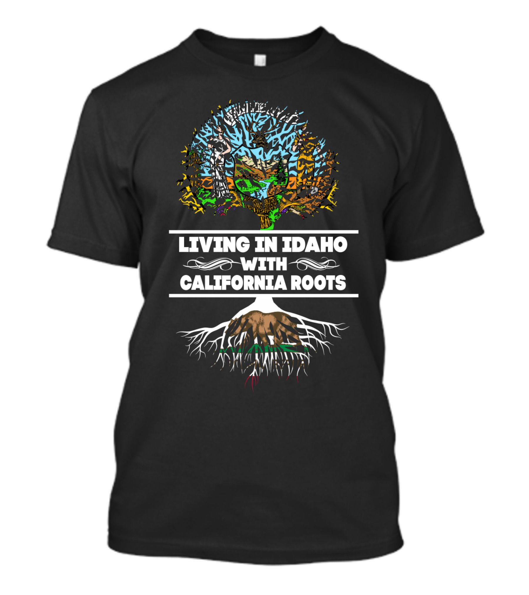 Living In Idaho With California Roots Tree Graphic With State Colors And Roots T-Shirt