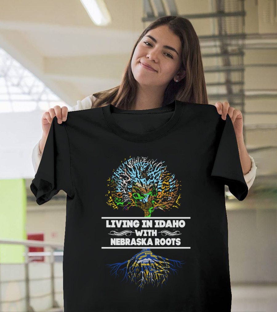 Living in Idaho With Nebraska Roots Tree Design Featuring State Themes and Icons T-Shirt