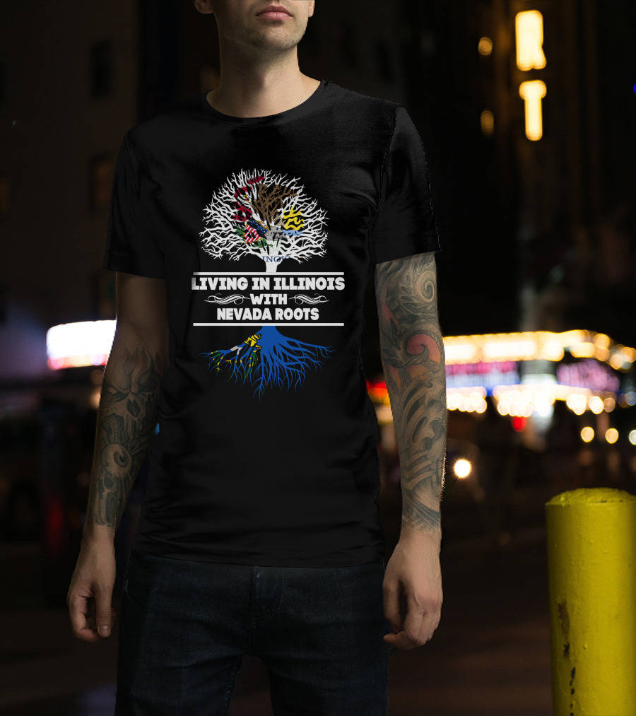 Living In Illinois With Proud Nevada Roots Tree Design Featuring State Symbols T-Shirt