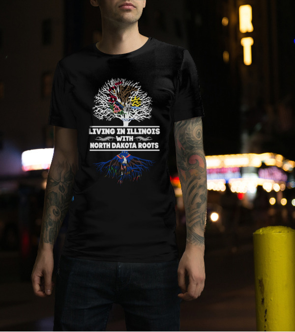 Living In Illinois With North Dakota Roots State Flags Tree T-Shirt