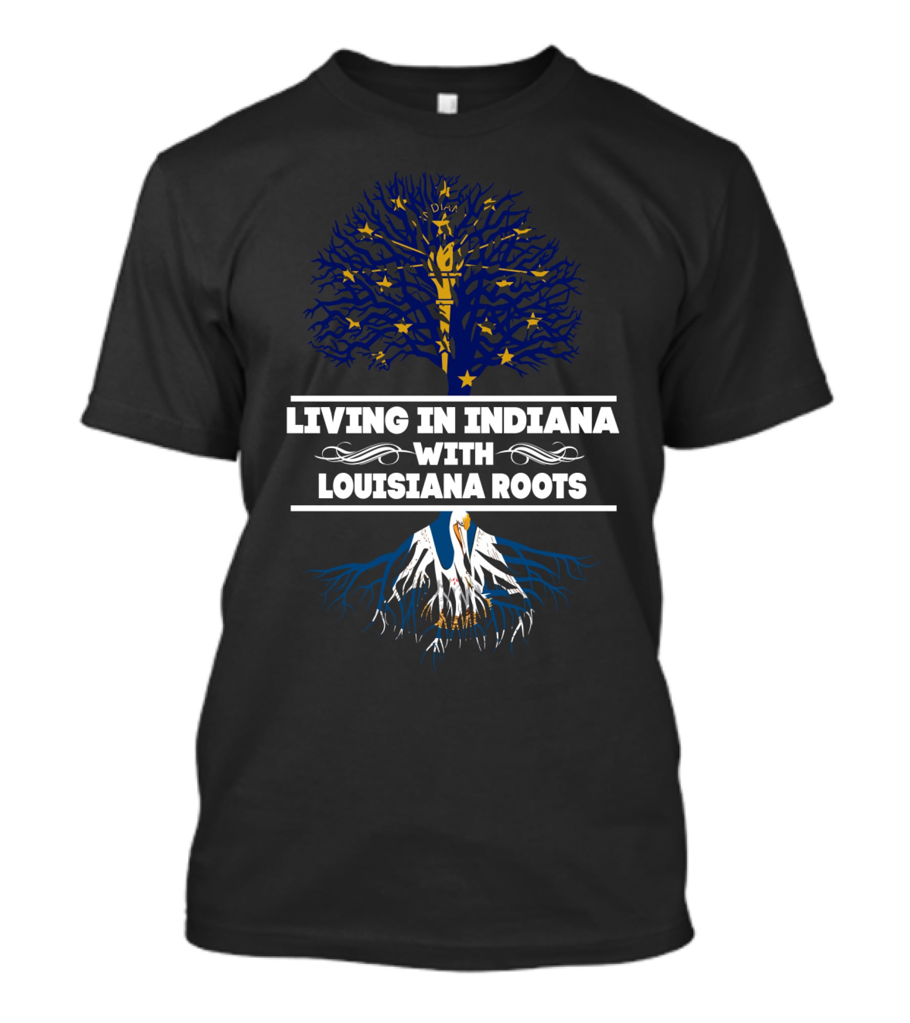Living In Indiana With Louisiana Roots Blue And Gold Tree With Stars And White Roots T-Shirt