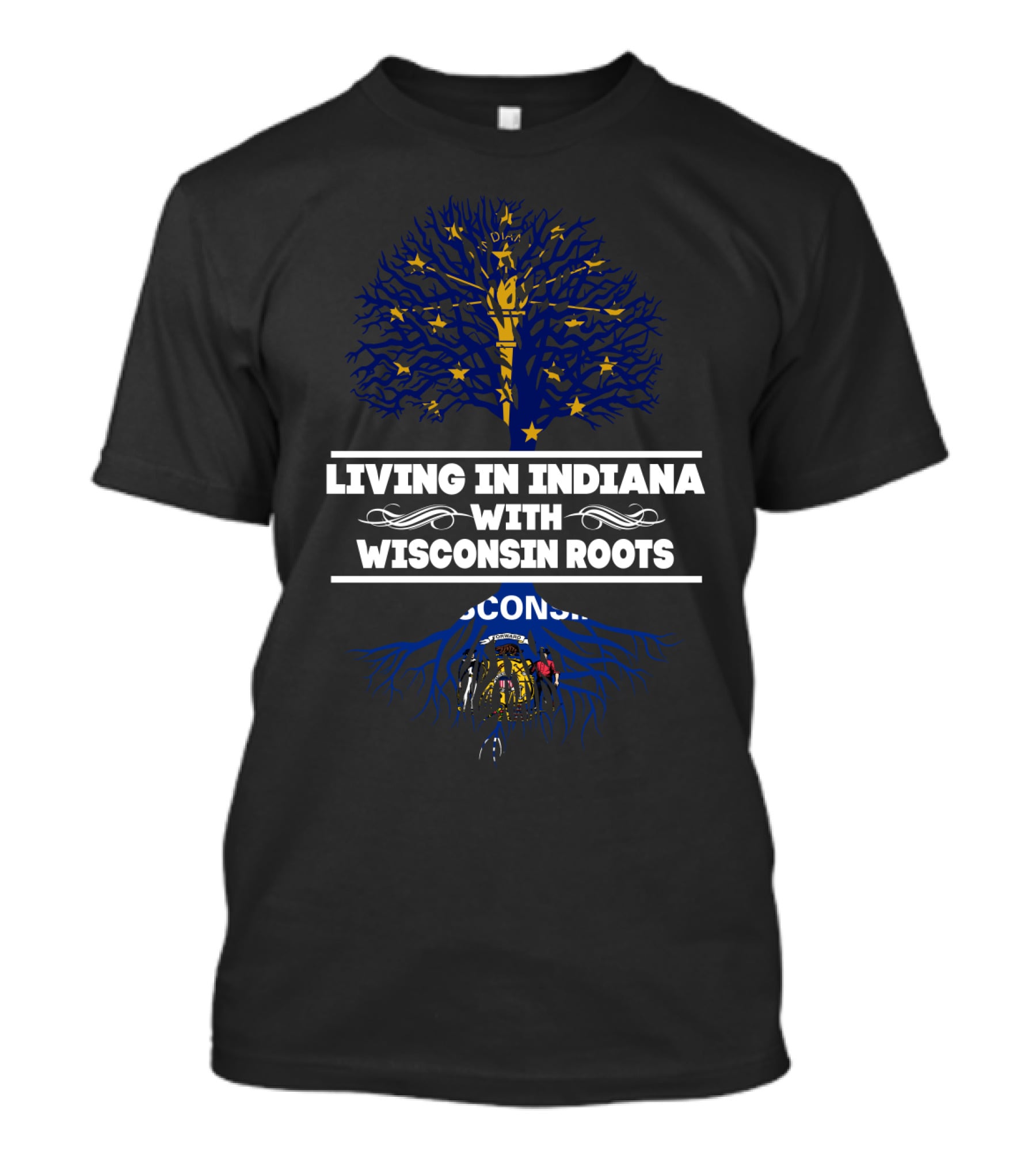 Living In Indiana With Wisconsin Roots America-Inspired Blue Tree T-Shirt