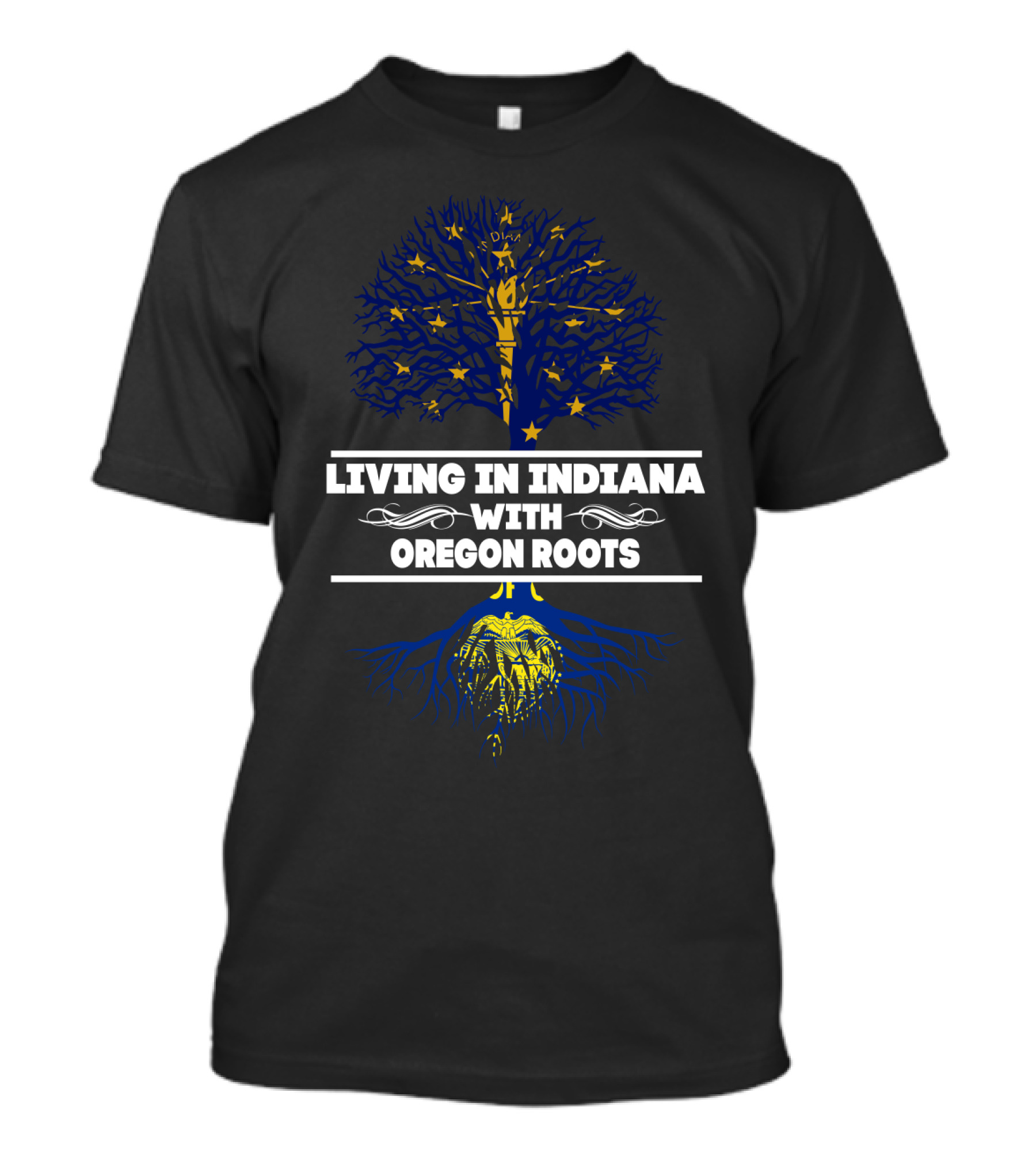 Living In Indiana With Oregon Roots Blue And Yellow Tree Design Stars And Roots T-Shirt