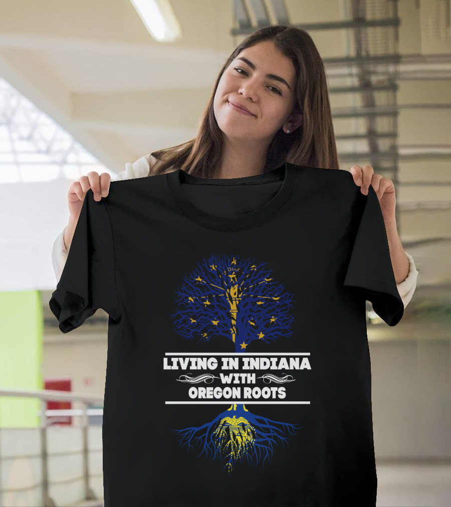 Living in Indiana with Oregon Roots Blue and Yellow Tree Design Stars and Roots T-Shirt