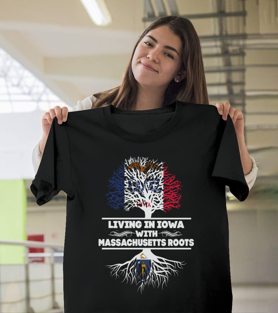 Living in Iowa with Massachusetts Roots Graphic Featuring State Flags and Tree T-Shirt