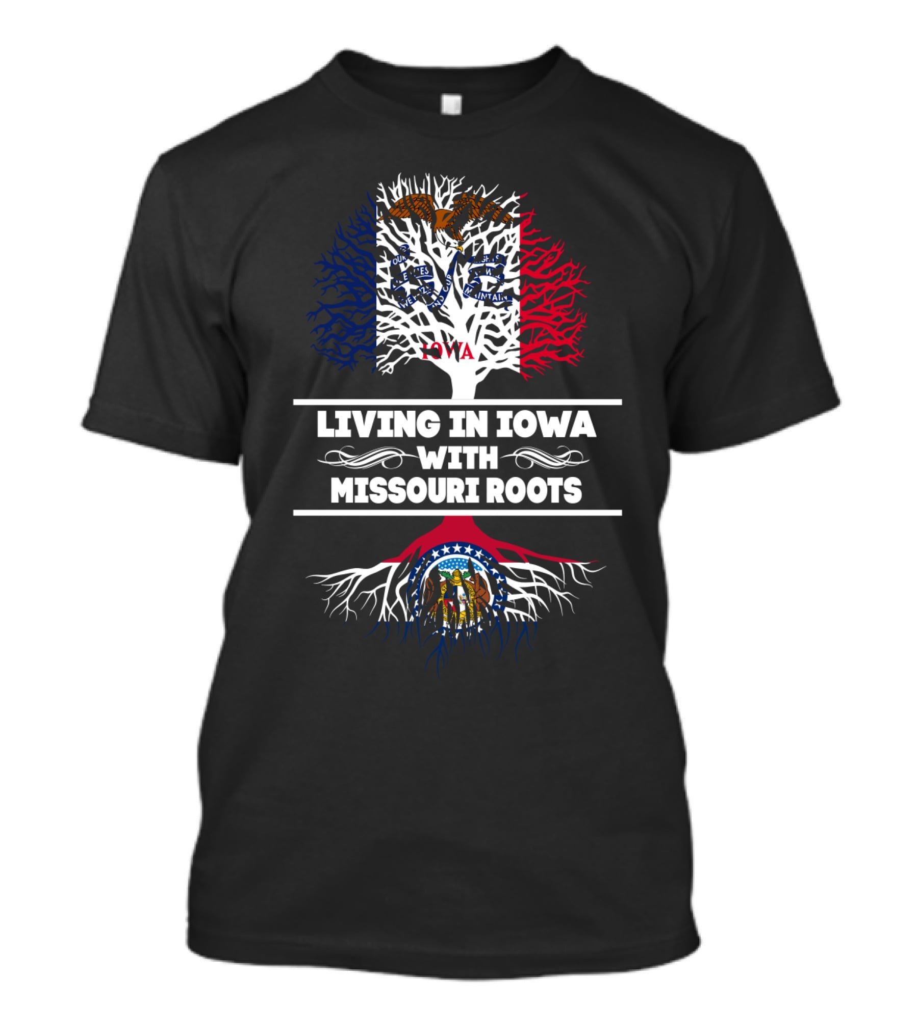 Living In Iowa With Deep Missouri Roots In State Flag Colors And Symbols T-Shirt