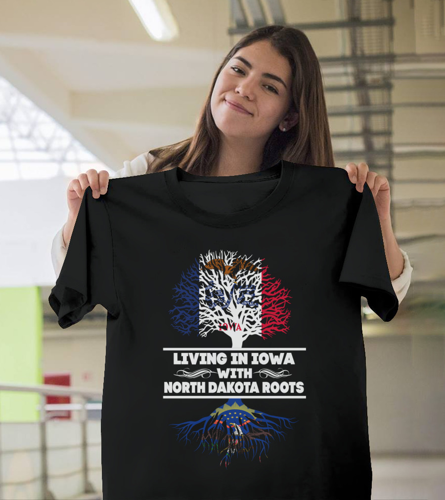 Living In Iowa With North Dakota Roots American Flag Tree T-Shirt
