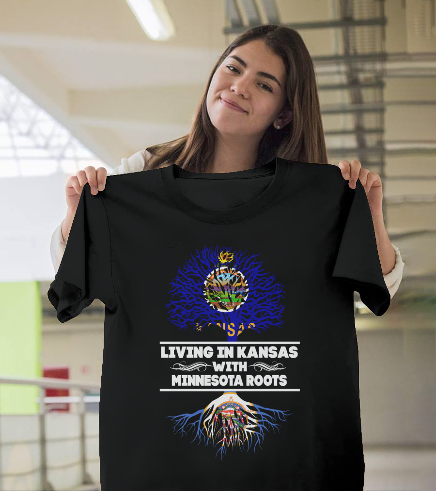 Living in Kansas With Minnesota Roots State Flags in Tree T-Shirt