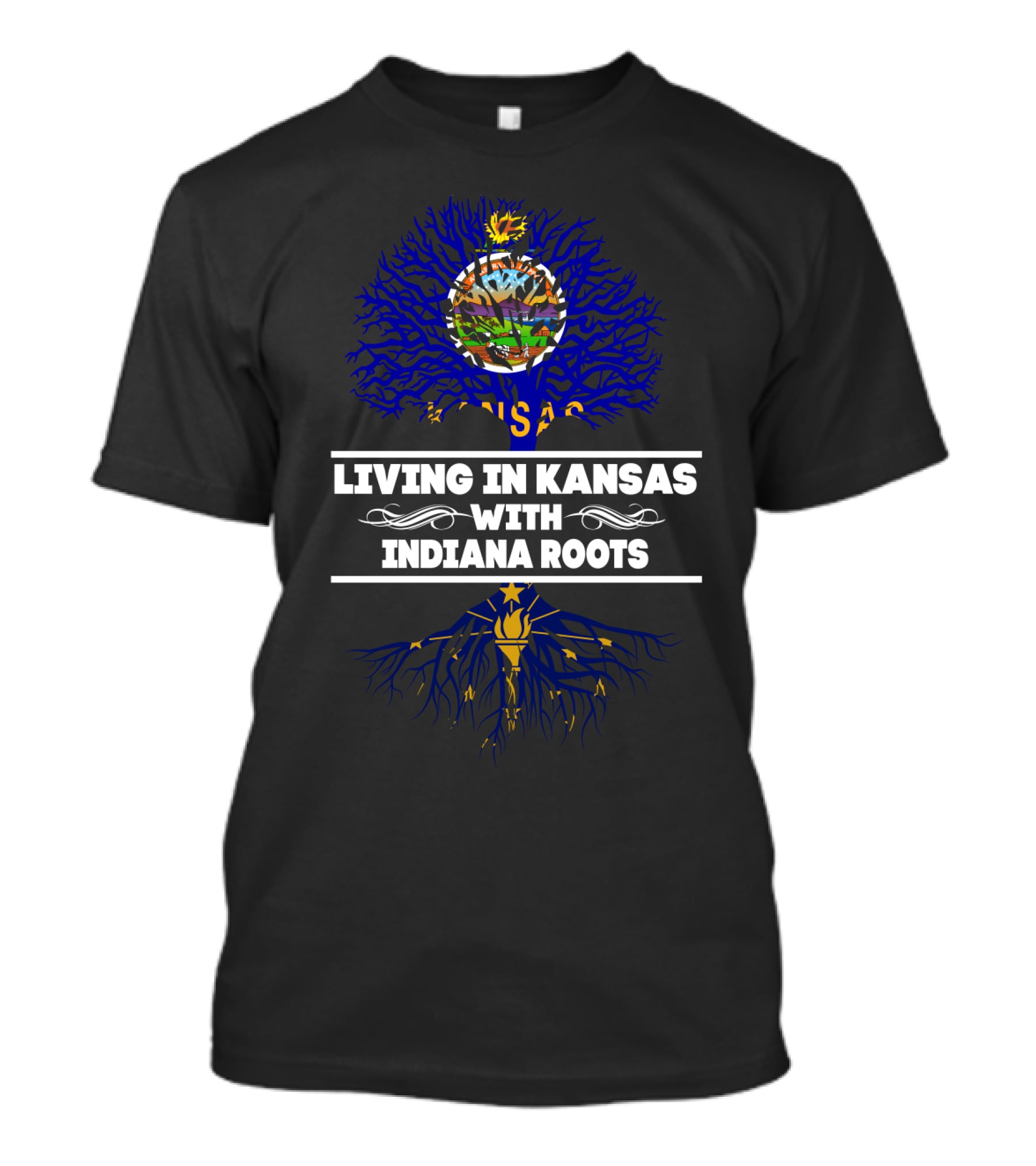 Living In Kansas With Indiana Roots Tree Design Featuring State Flag Elements T-Shirt