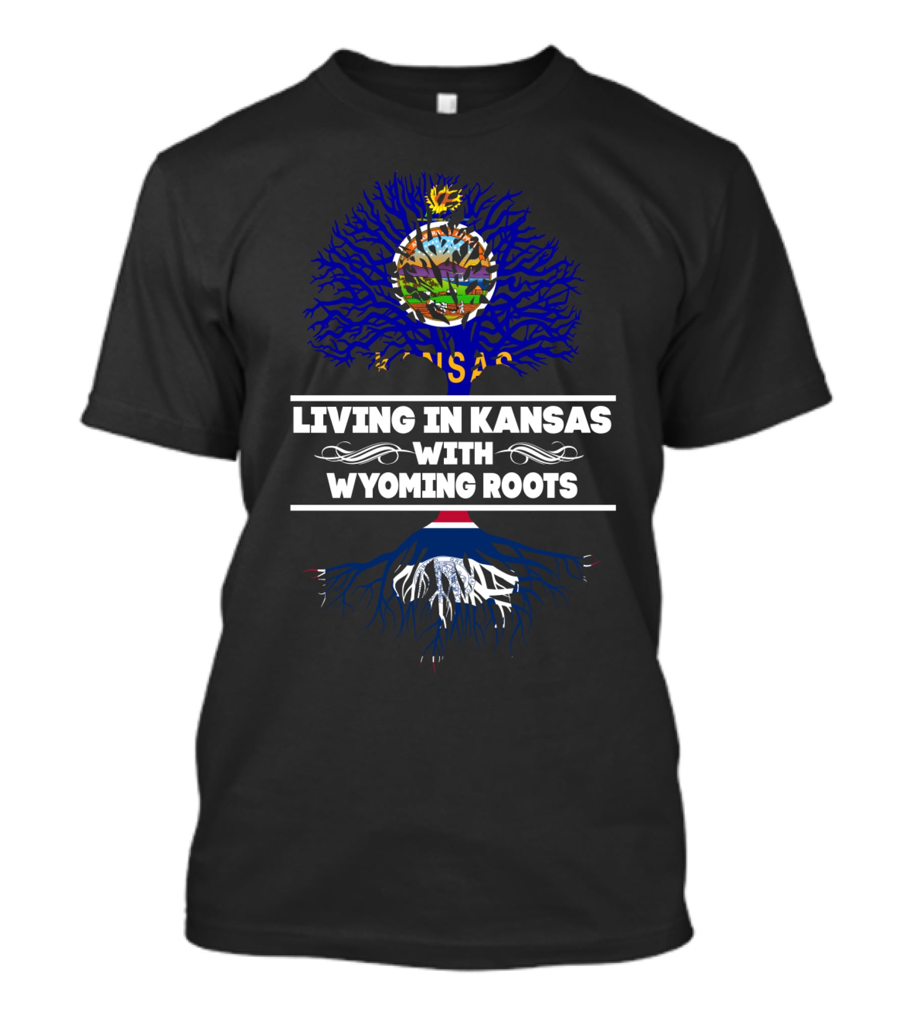 Kansas State Emblem On Blue Tree With Wyoming Flag Roots Connection T-Shirt
