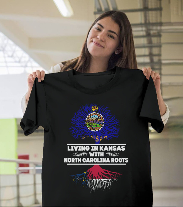 Kansas Living Embraced By North Carolina Roots With State Flag Tree T-Shirt