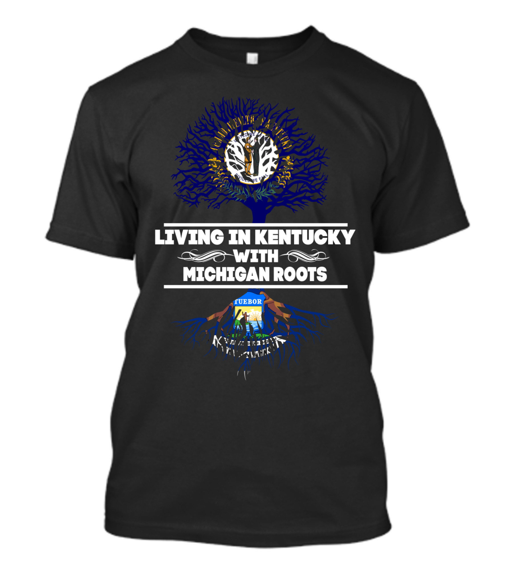 Living In Kentucky With Michigan Roots Tree Design Featuring Kentucky And Michigan State Symbols T-Shirt