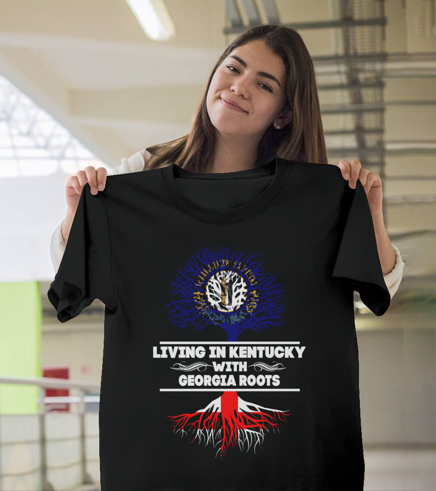 Living in Kentucky Embracing Georgia Roots with State Flag Symbolism T-Shirt