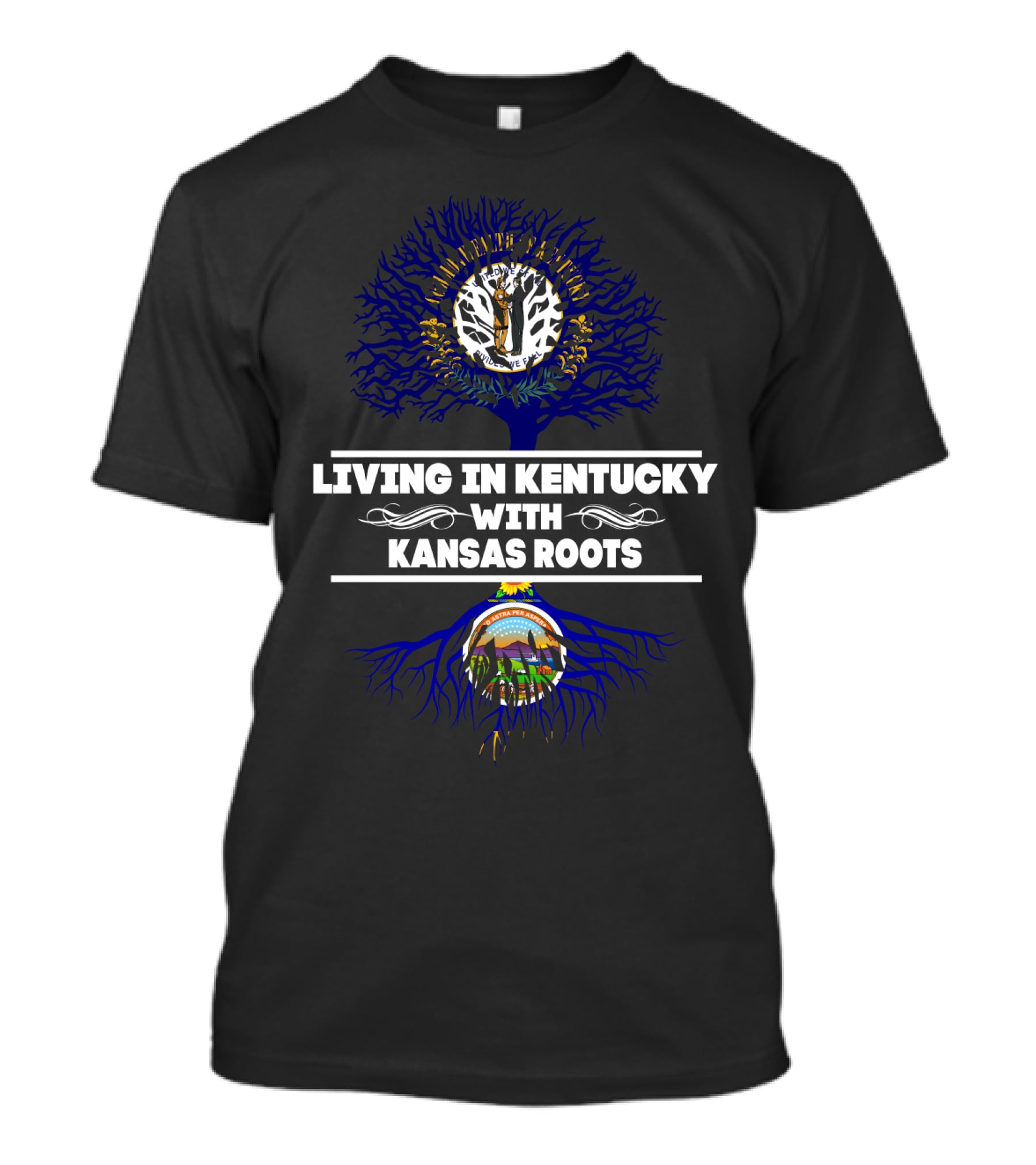 Living In Kentucky With Kansas Roots Tree Design Featuring State Seals And Blue Roots T-Shirt