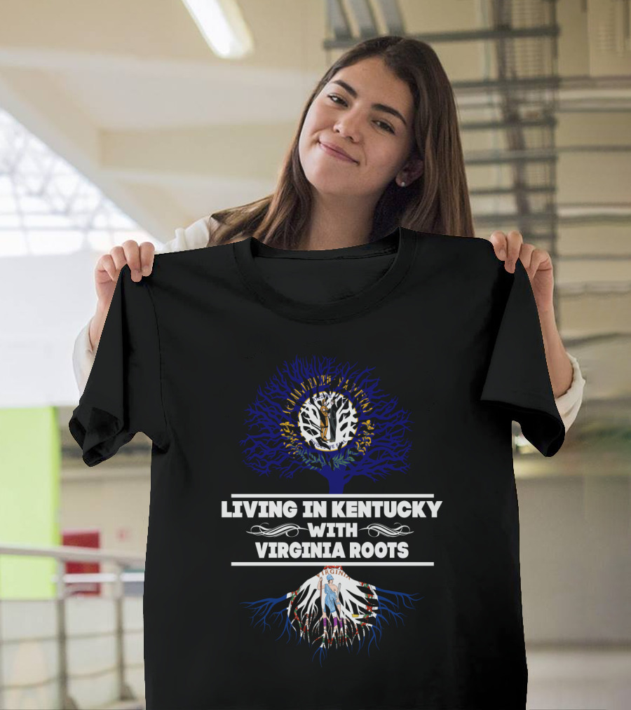 Living in Kentucky with Virginia Roots Tree Design Featuring State Seals T-Shirt